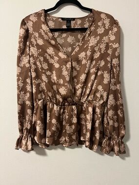 Brown Floral Peplum V-Neck Blouse with Cream Print